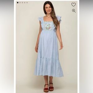 Pinkblush MATERNITY “In Loom” light blue flowers embroidered tie back midi dress